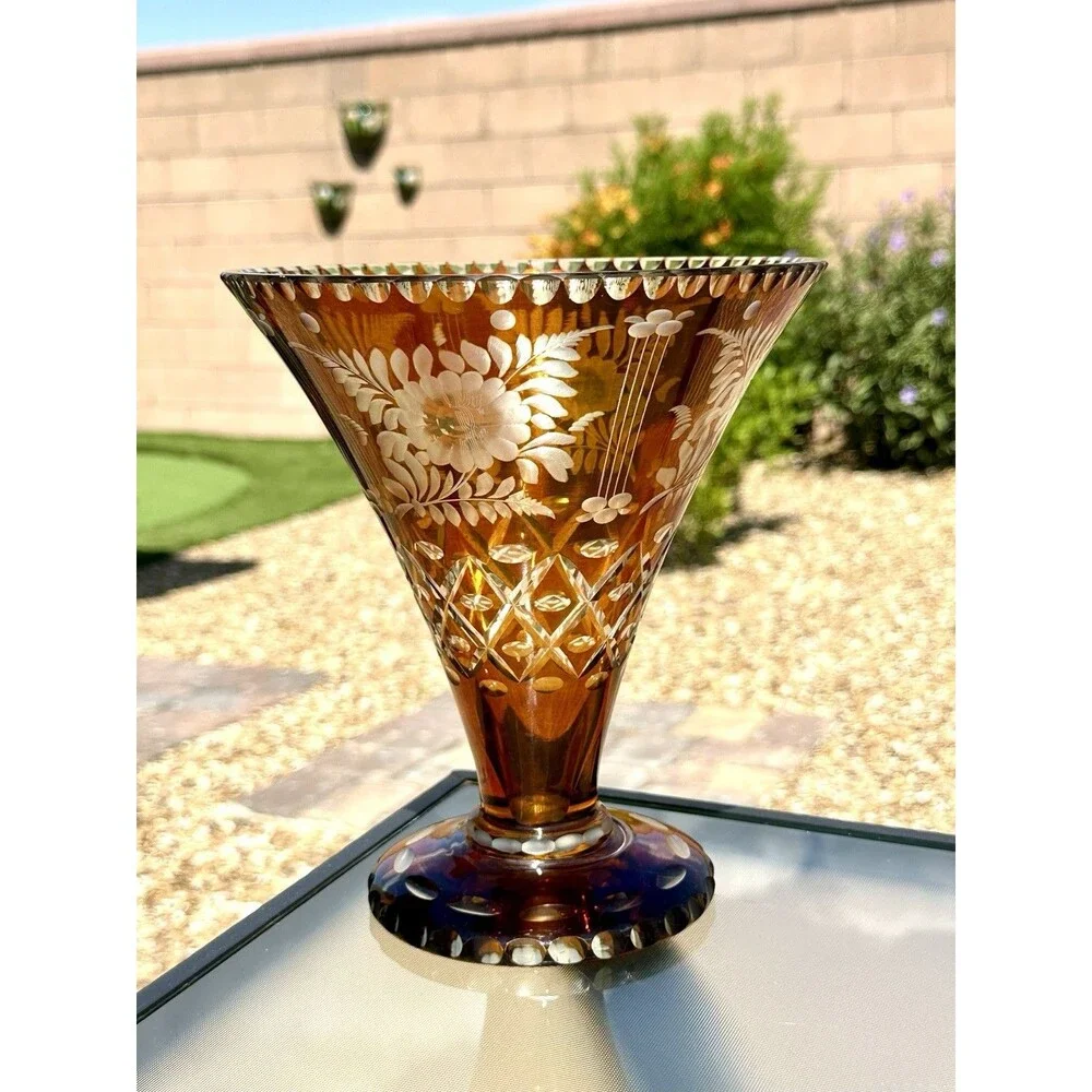 Vintage Bohemian Amber Flash Cut to Clear Glass Vase " Floral Engraved Czech - Picture 5 of 16